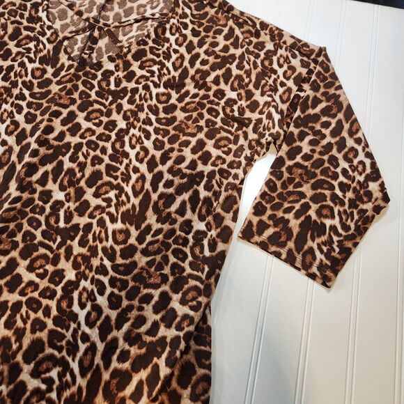 Cato Large Animal Print 3/4 Sleeve Brown Black Blouse - Picture 3 of 8